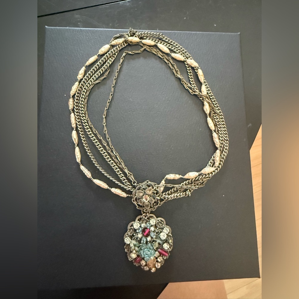 Multistrand Gold-Tone Statement Necklace with Gemstone Pendant
